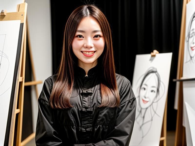 an art workshop, a beautiful smiling Chinese woman with brown eyes dressed in black
