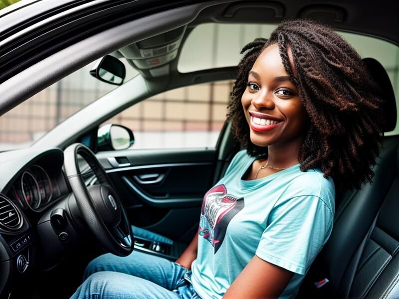 a car, a young black woman smiling, t-shirt, driving a car.