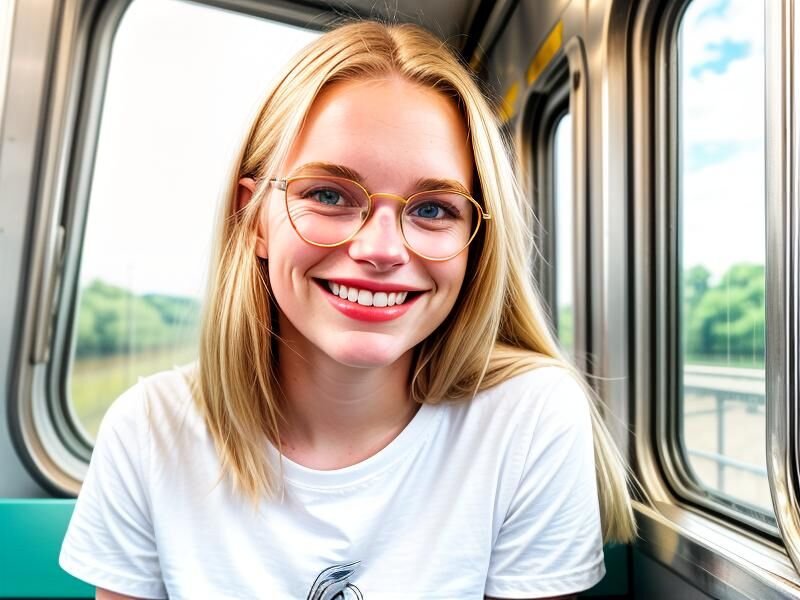 a train, the face of a smiling young woman, blond hair, glasses, white t-shirt and shorts traveling on a train