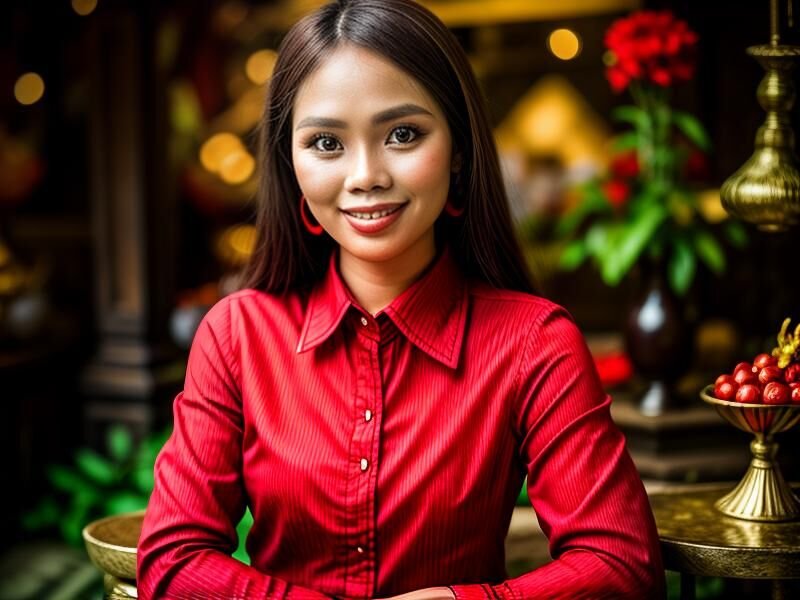 Portrait of beautiful Indonesian woman Ubud, Bali (Indonesia) dressed in red