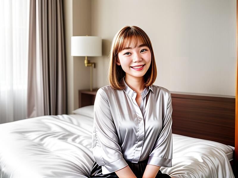 a hotel, the face of a smiling young Chinese woman, in her room, in a silk negligee, on her bed