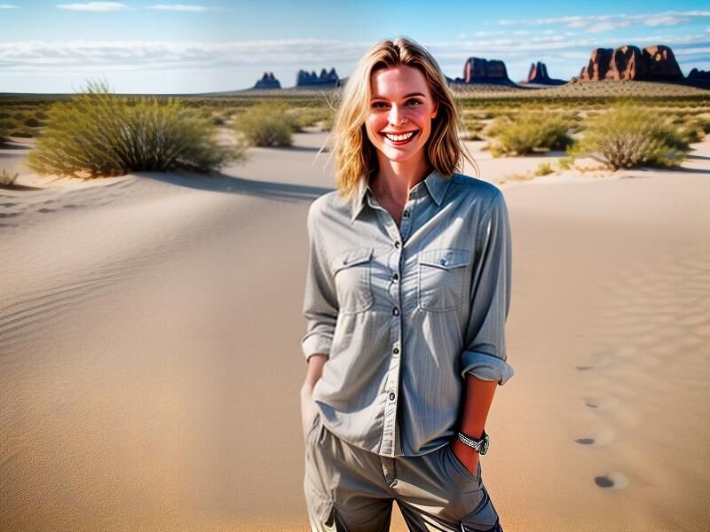beautiful smiling woman, on a desert island