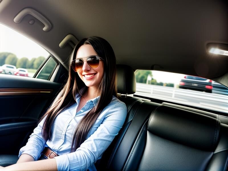 a car, the face of a smiling young woman, long black hair, sunglasses, getting into a private car with a driver