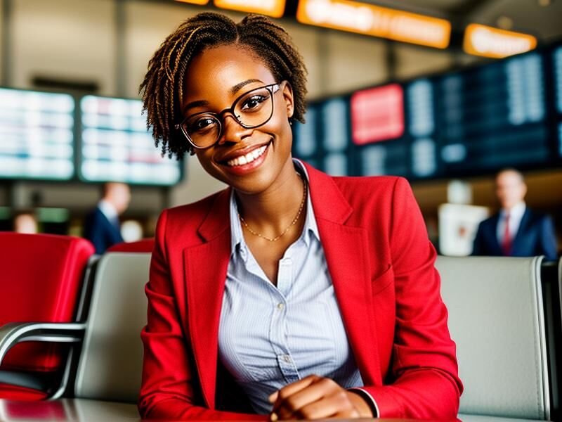 an airport, the face of a smiling young black girl, glasses, short hair, beautiful breasts, in a red suit.