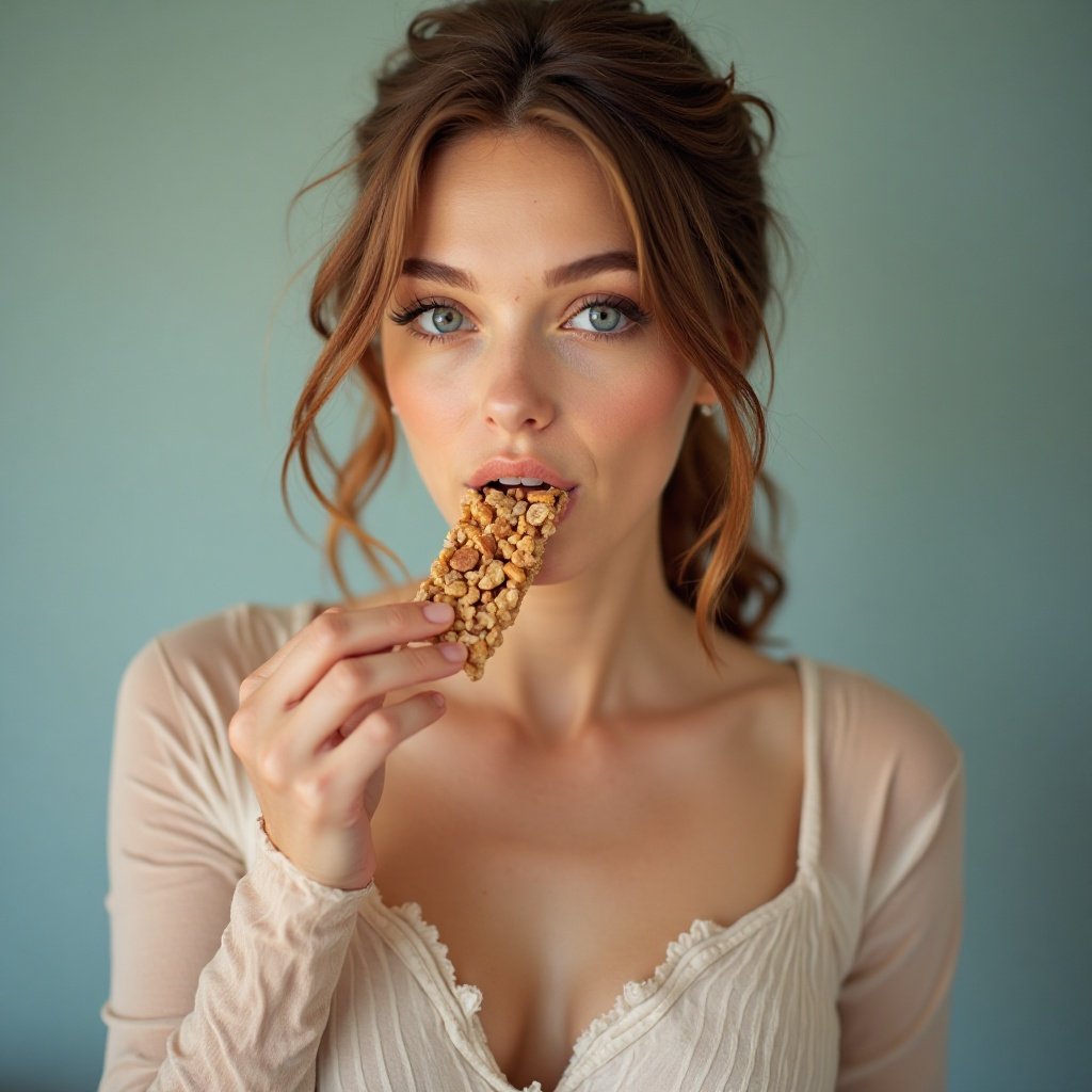 A blue-eyed woman with a nice bust is eating a cereal bar.