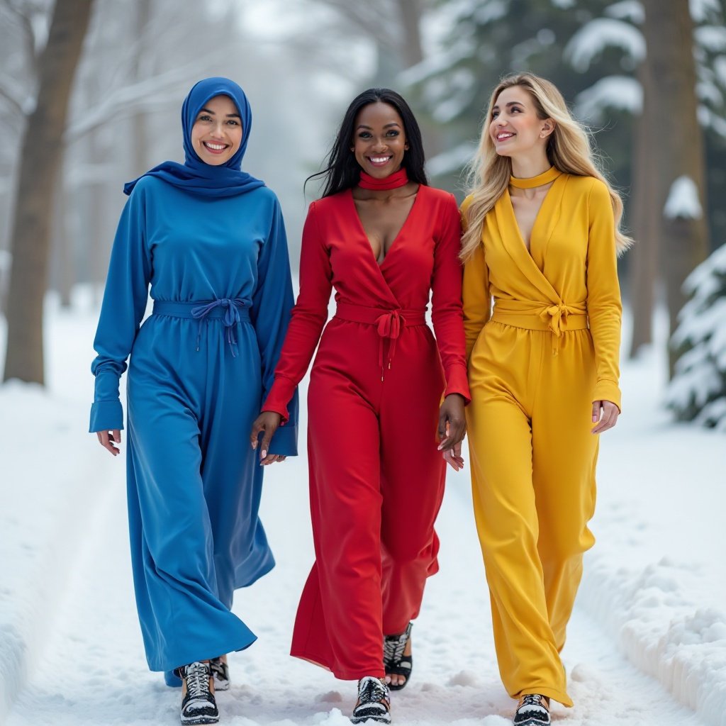 A smiling Arab woman dressed in blue with large breasts, a smiling Black woman dressed in red with large breasts, a smiling blonde woman dressed in yellow with large breasts, walking in the snow