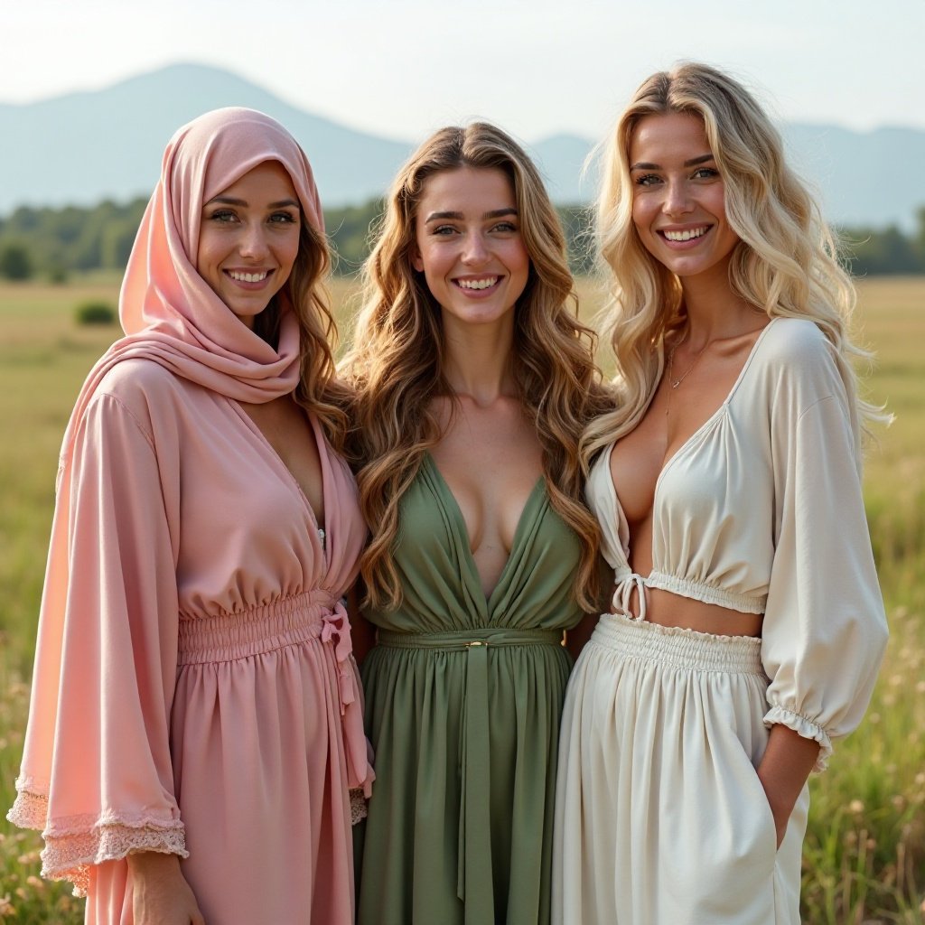 A smiling Arab woman dressed in pink with large breasts, a smiling woman dressed in green with large breasts, a smiling blonde woman dressed in white with large breasts, in the countryside