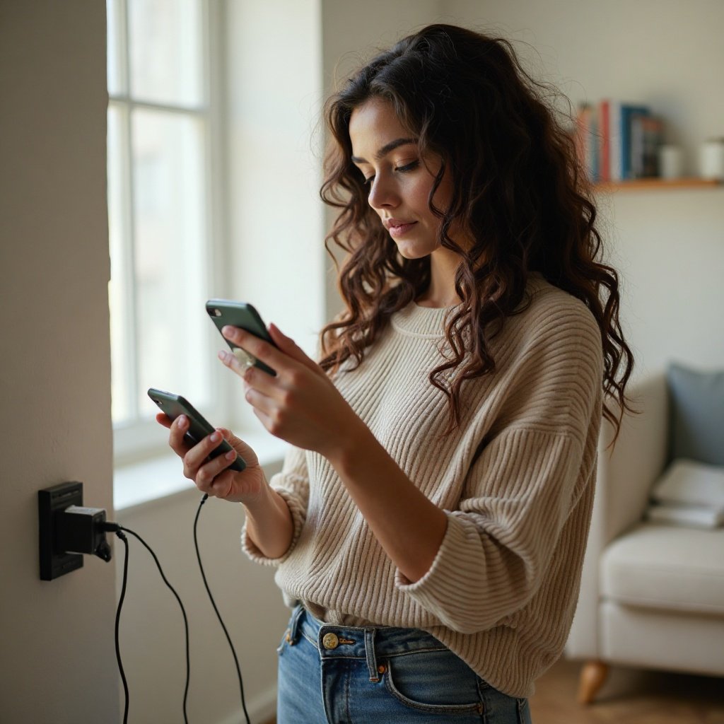A woman with her phone, plugging in her phone charger