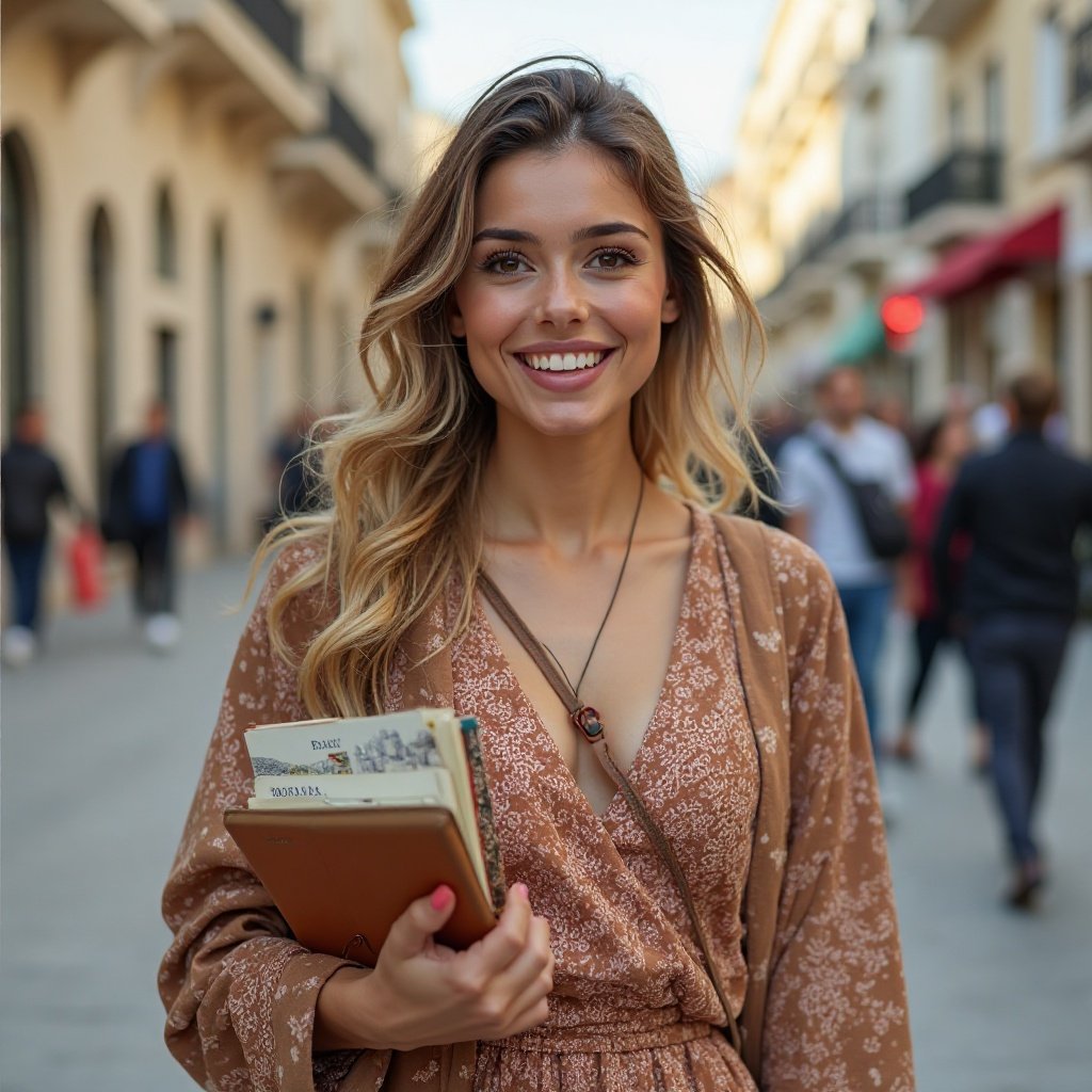 Beautiful Arab woman with a lovely, smiling chest, walking through the city, with her travel guide in her hand=