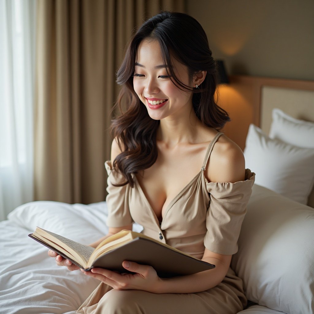 Beautiful Chinese woman with a lovely, smiling chest, sitting on the bed in her hotel room, looking at her travel journals