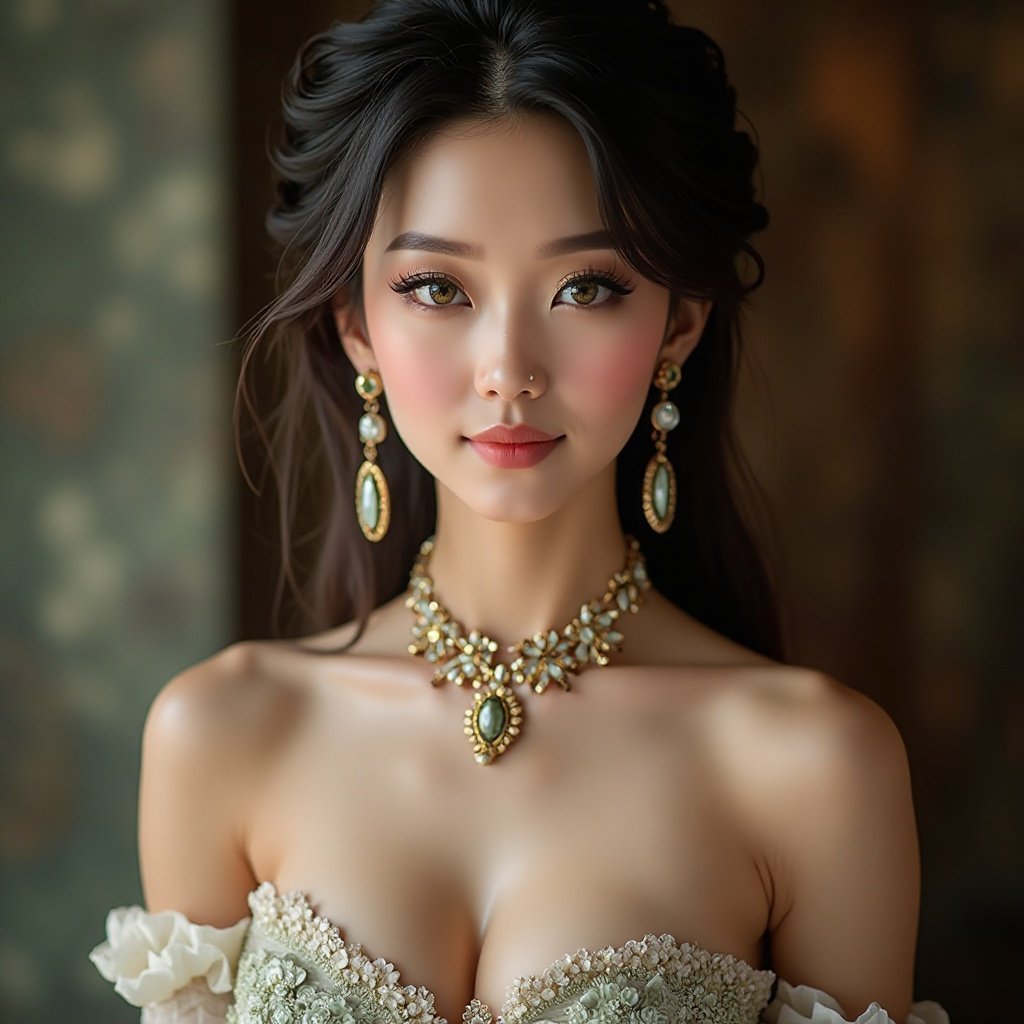 Beautiful Chinese woman with green eyes and a lovely bust wearing statement jewelry.