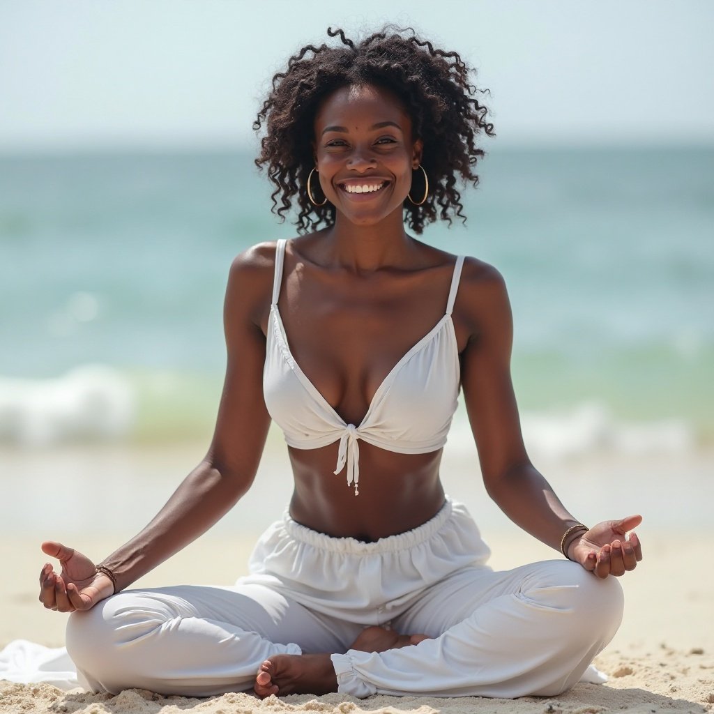 Beautiful black woman dressed in white, on the sand, doing yoga by the sea, beautiful breasts, smiling face.