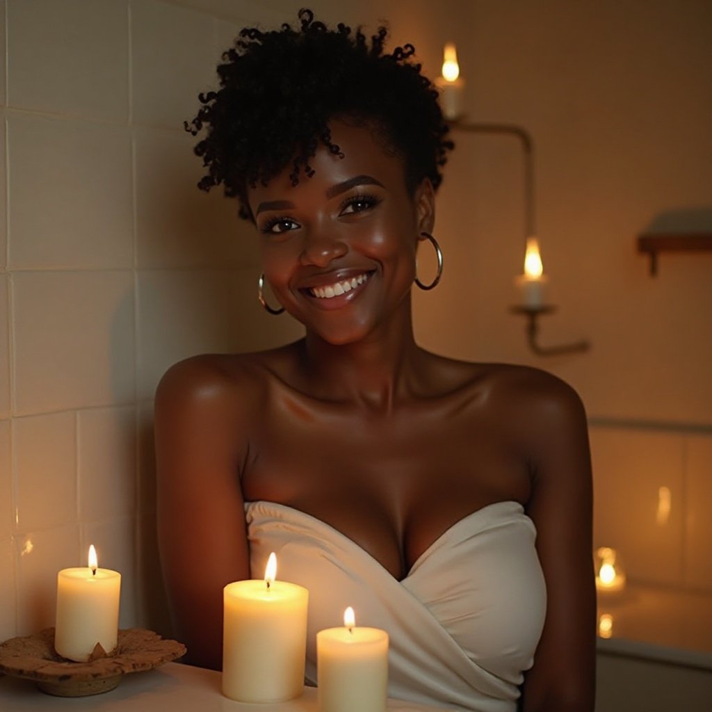 Beautiful black woman, in her bathroom, short hair; beautiful breasts, smiling face, with large travel candles lit