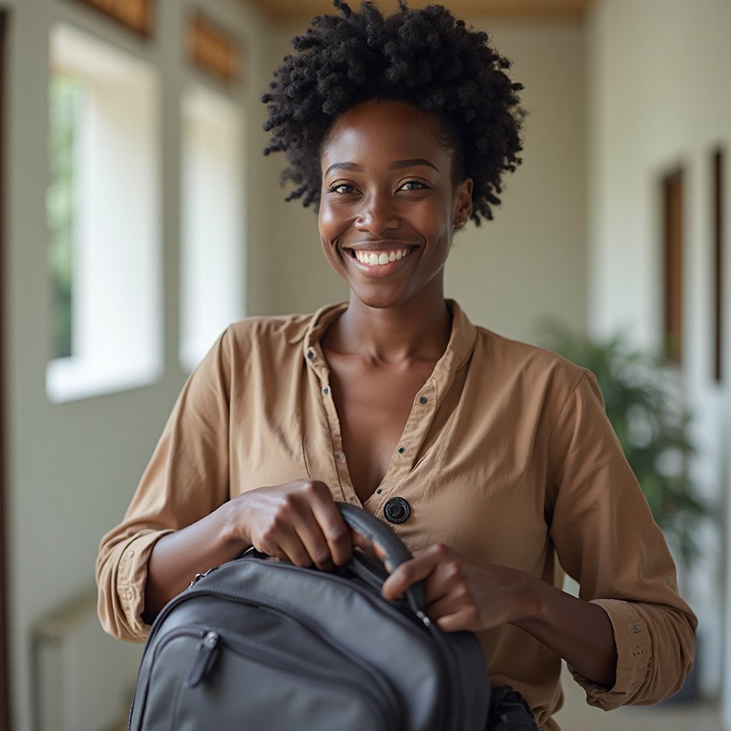 Beautiful black woman with short hair, smiling, preparing her travel bag=