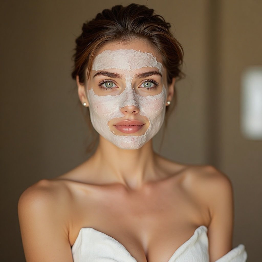 Beautiful brunette woman with a lovely bust, doing her facial masks and treatments=