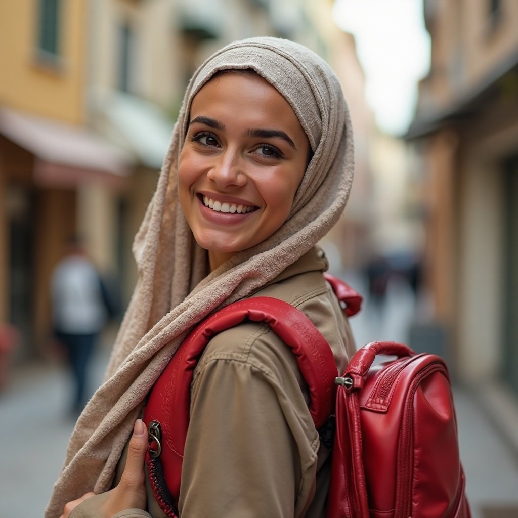 Beautiful smiling Arab woman, with her red backpack=