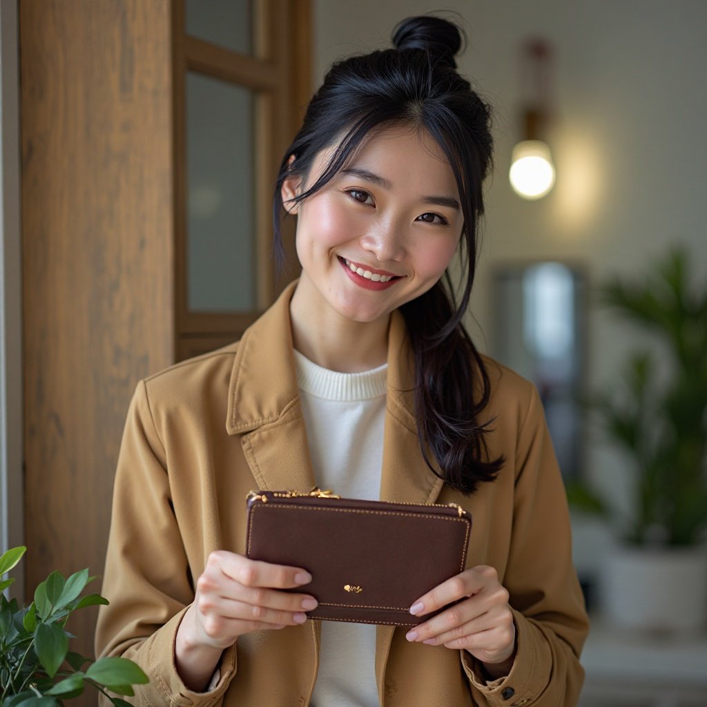 Beautiful smiling Chinese woman putting away her wallet=