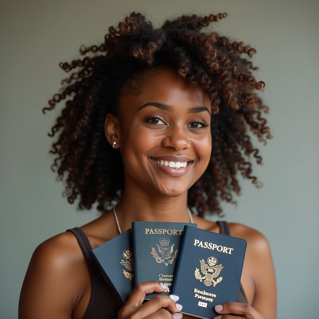 Beautiful smiling black woman with passport covers