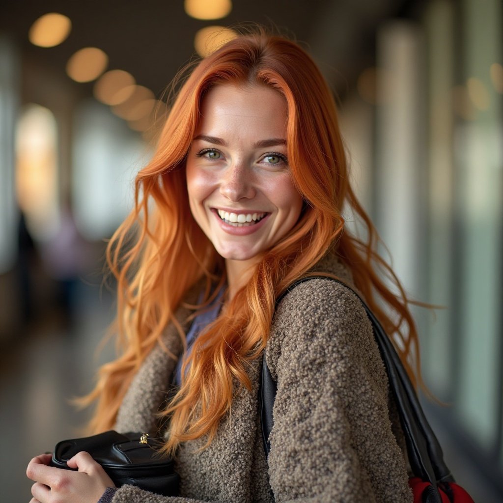 Beautiful smiling red-haired woman, with her hand luggage and accessories