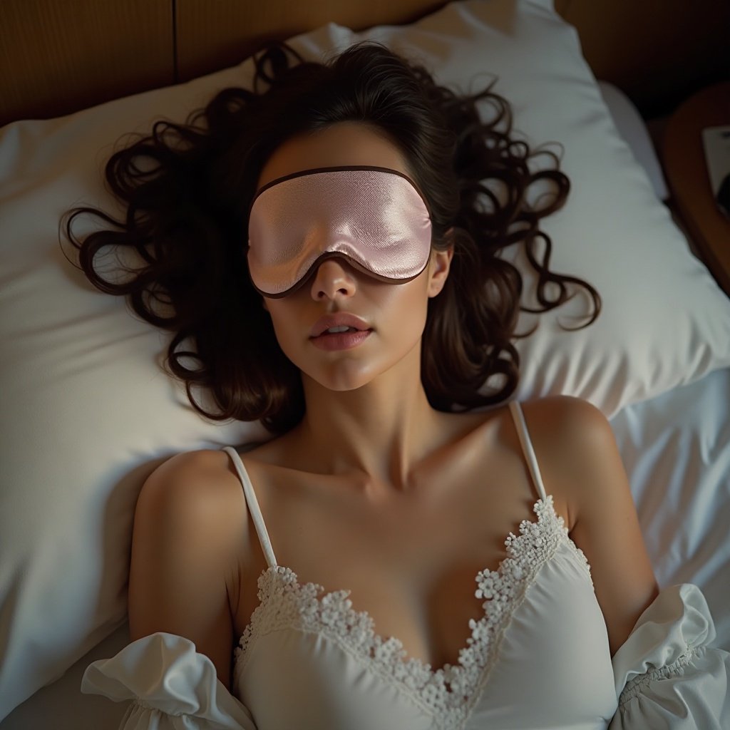 Beautiful woman with a beautiful chest sleeping in a hotel with a silk eye mask on=