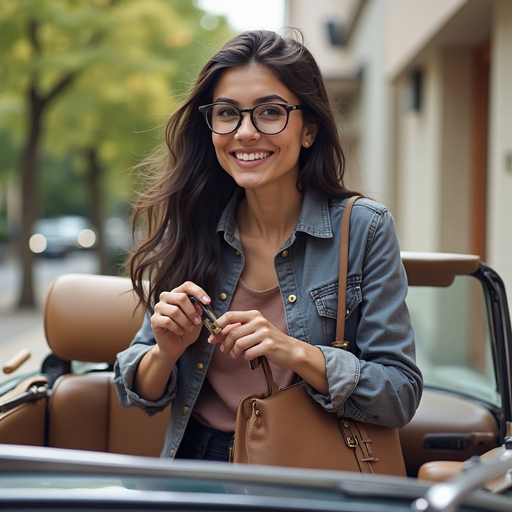 Beautiful woman with dark hair and glasses, smiling, putting away her convertible bags