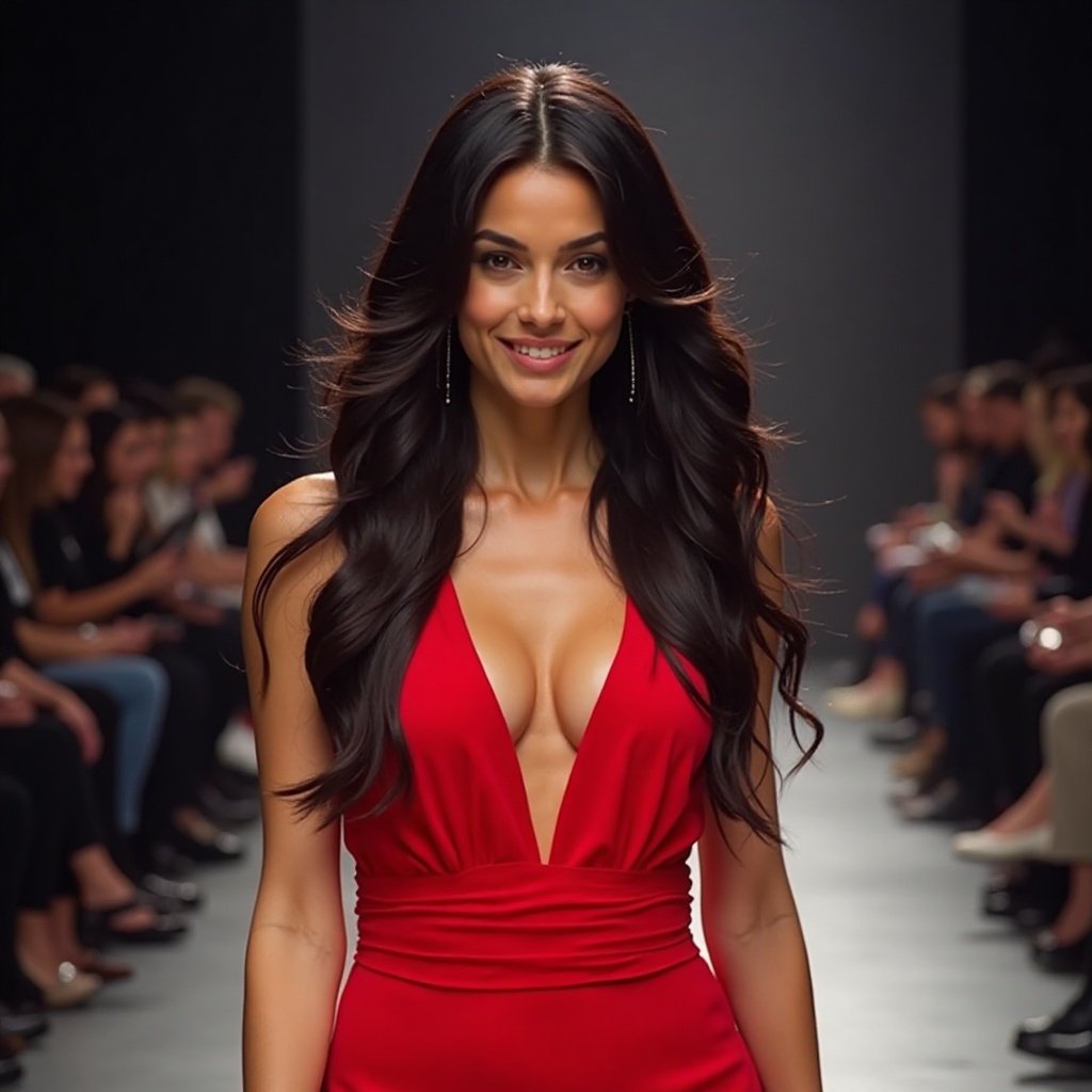Beautiful woman with long black hair, beautiful breasts, smiling face, in a red dress, walking on a catwalk surrounded by spectators.