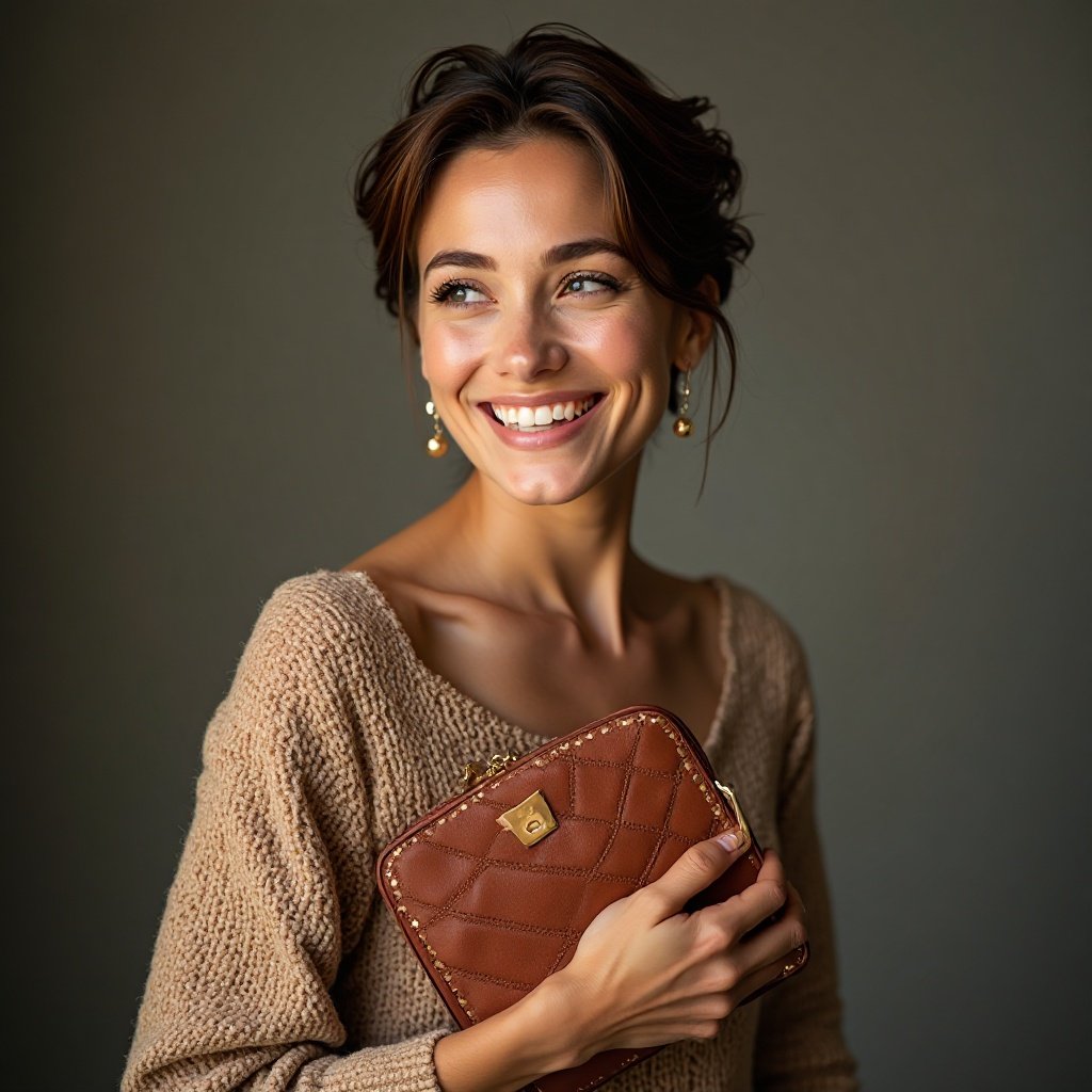 Beautiful woman with short hair, smiling, Clutches