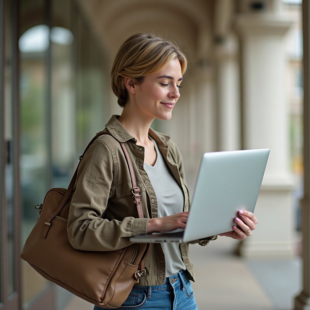 Beautiful woman with short hair, smiling, preparing Laptop Bags-