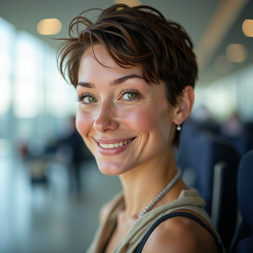 Beautiful woman with very short hair and green eyes, smiling, Airport Chic=
