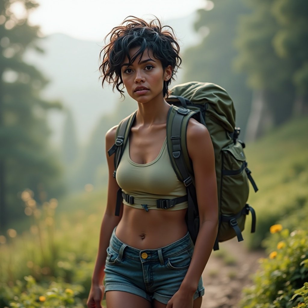 Black woman with short hair and blue eyes, a nice bust, wearing shorts and a backpack, hiking