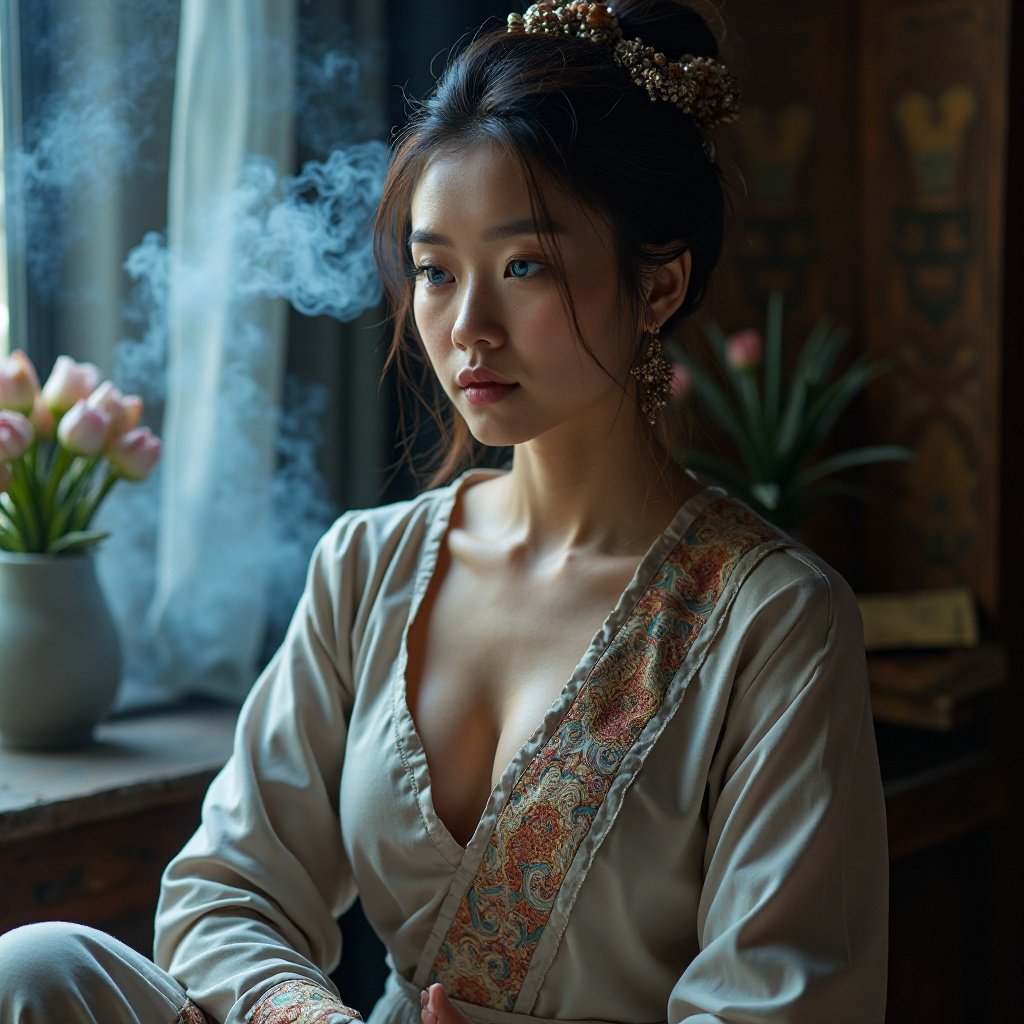 Chinese woman with blue eyes and a pretty chest, meditating next to incense