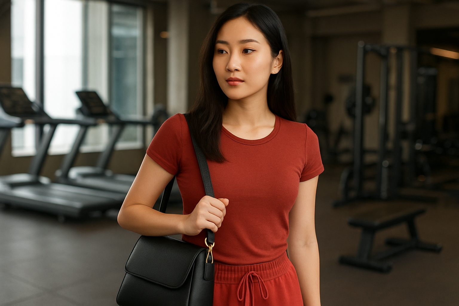Close-up of a beautiful black shoulder bag, with a beautiful Chinese woman in red jogging pants walking in a gym