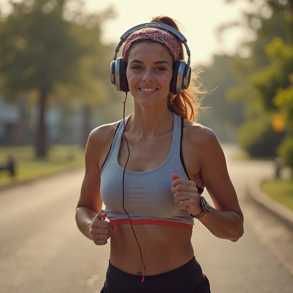 beautiful Arab woman jogging with her headphones on=