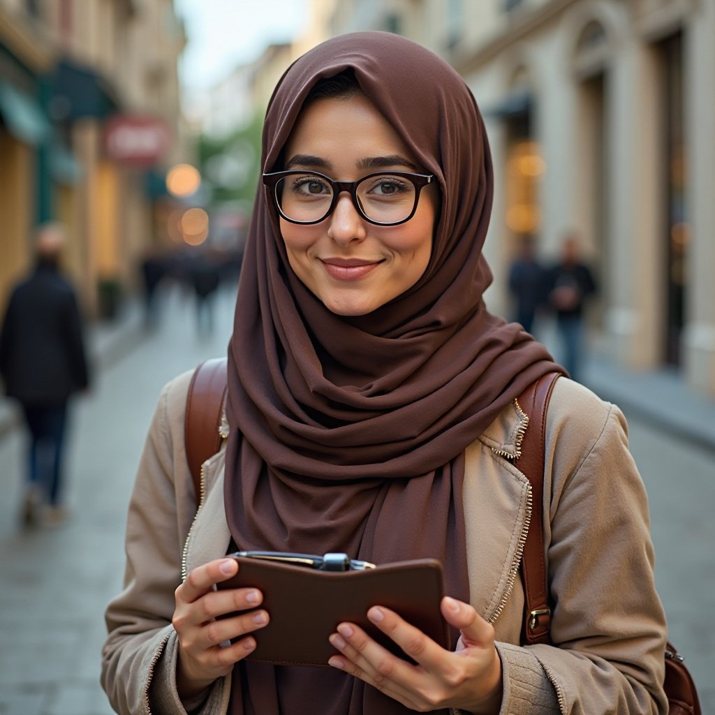 beautiful Arab woman with glasses and her RFID wallet, in hand=