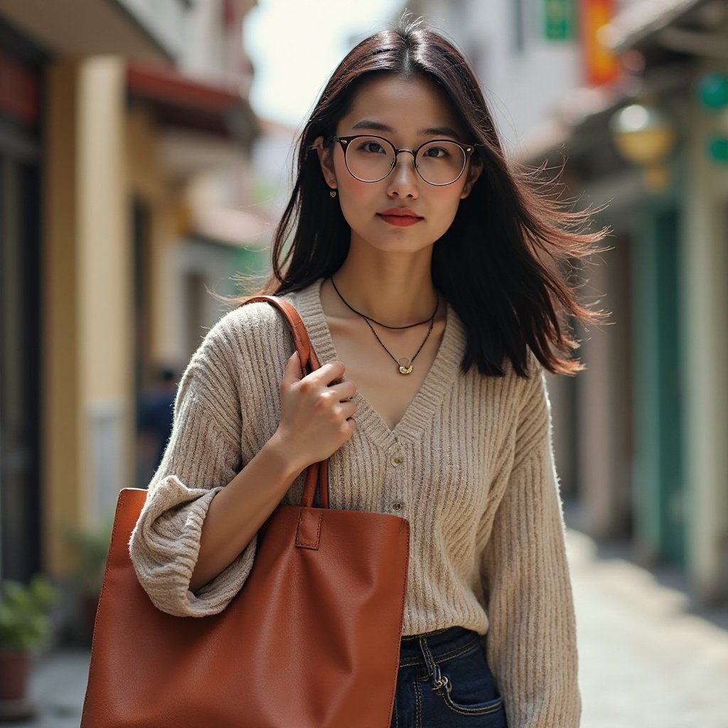 beautiful Chinese woman with glasses and her tote bag in her hand=