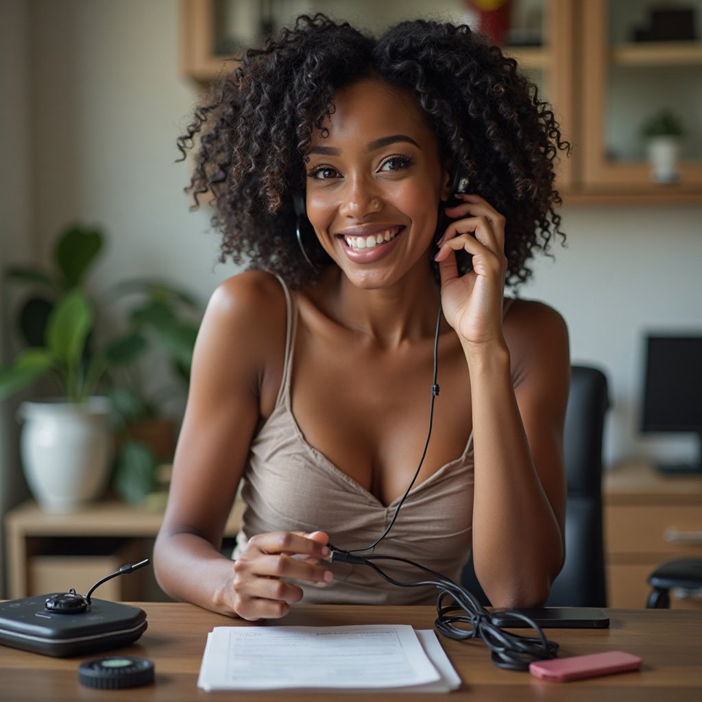 beautiful black woman with a beautiful bust, tidying up her cable organizer on her desk