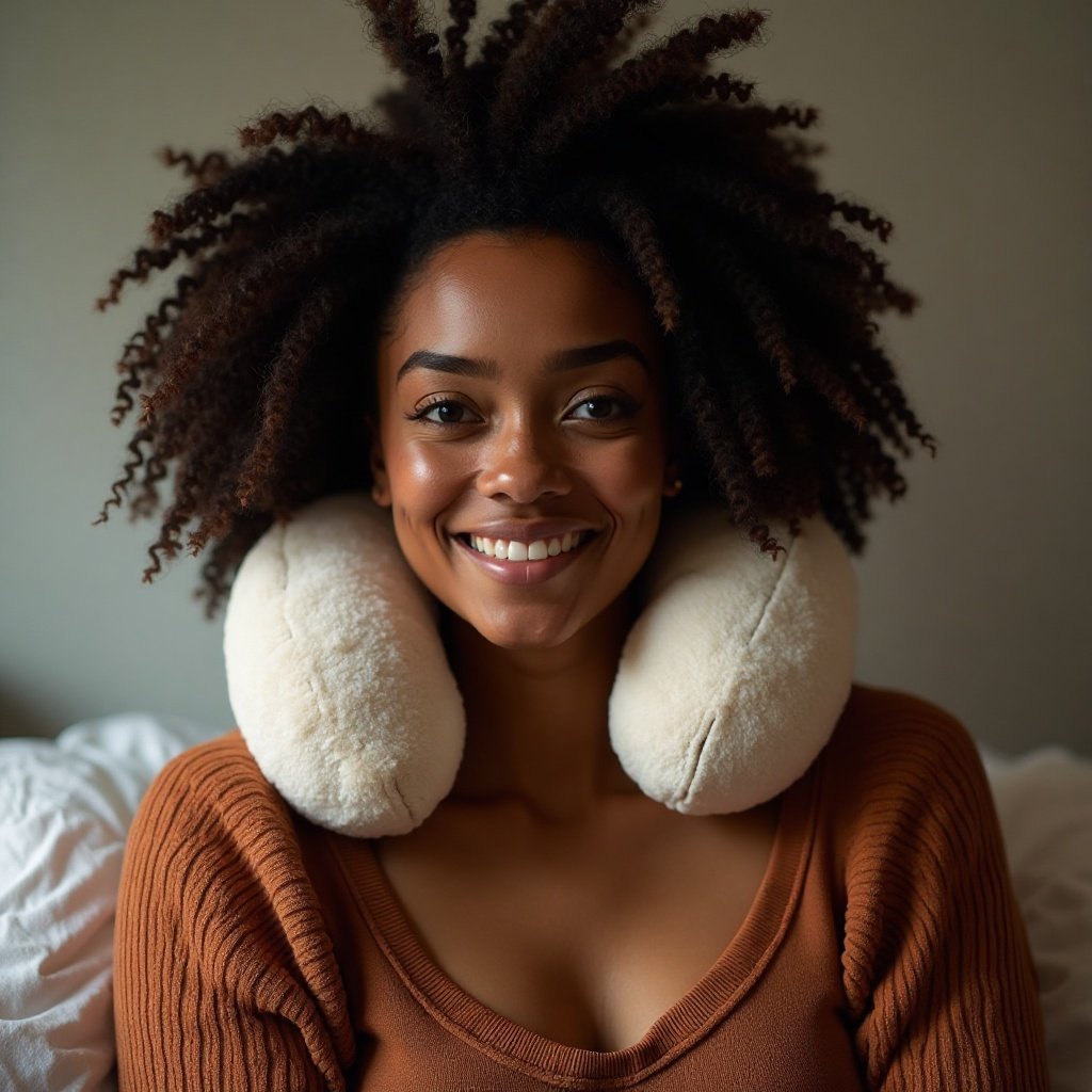beautiful black woman with her neck pillows