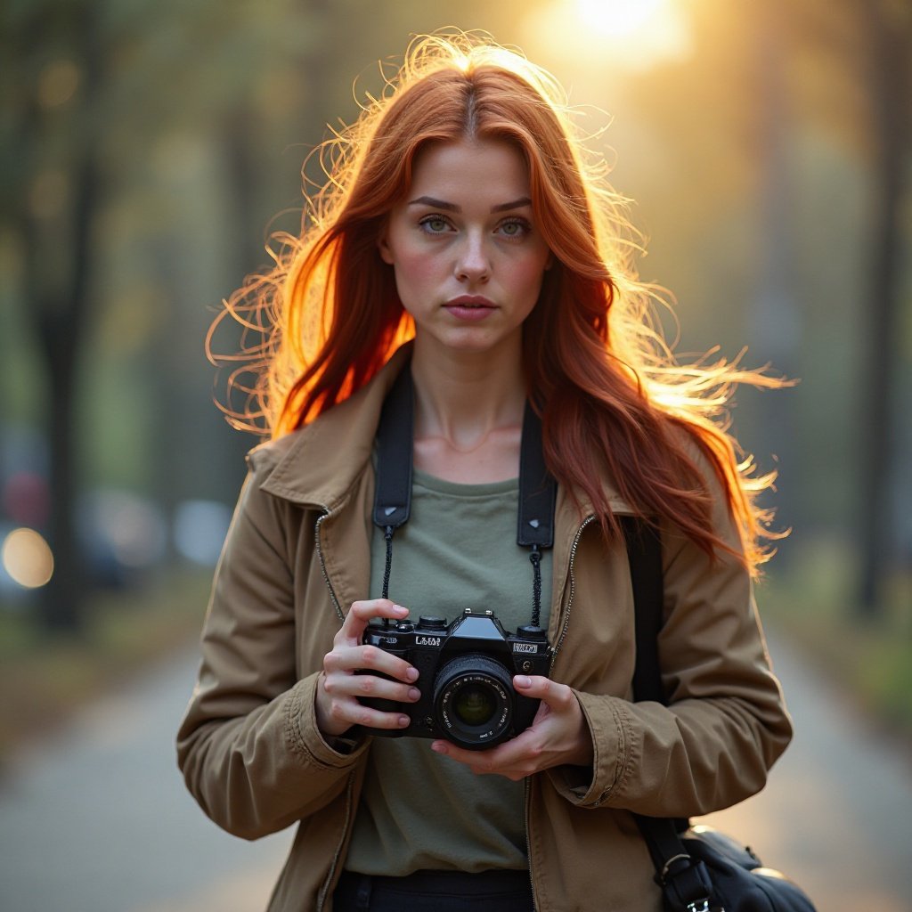 beautiful red-haired woman walking with her camera.