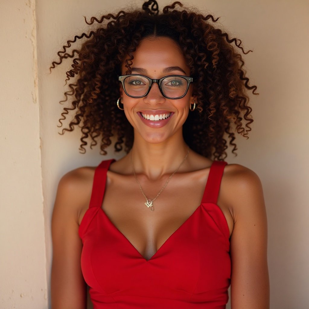 beautiful smiling white woman with a lovely bust, glasses, and curly hair, wearing a red jumpsuit