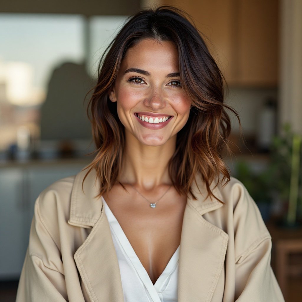 beautiful smiling woman with a lovely bust wearing light jackets