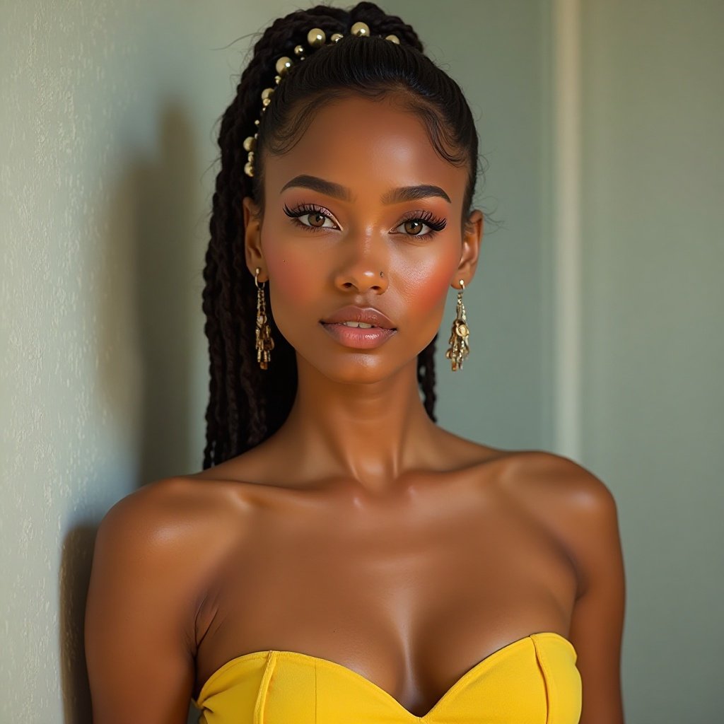 beautiful tanned woman with accessories in her hair, brown eyes, a beautiful bust, and a yellow dress
