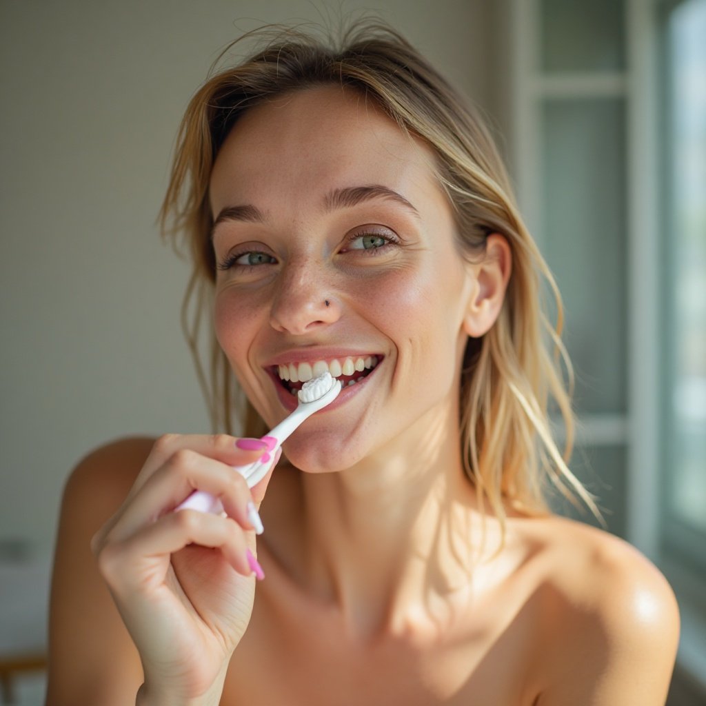 beautiful woman brushing her teeth