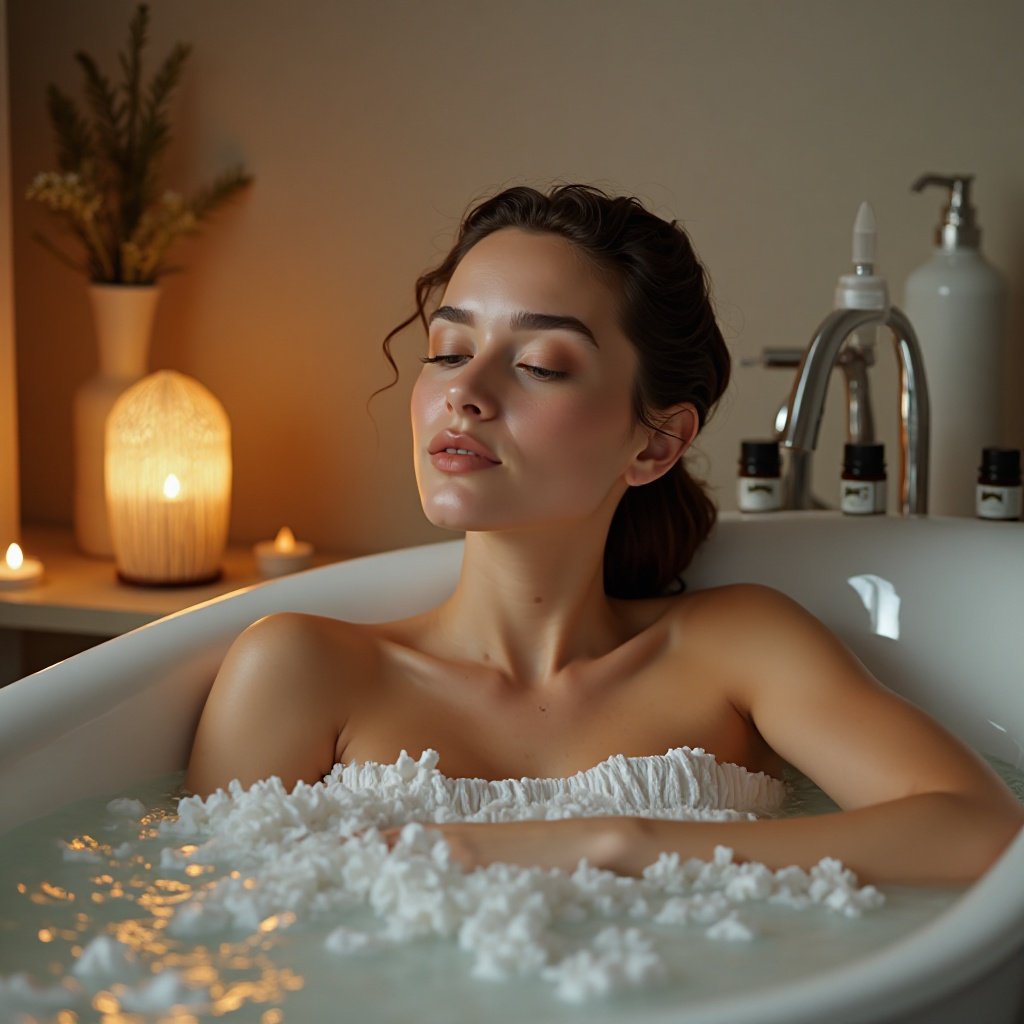 beautiful woman in her bathtub surrounded by essential oil diffuser