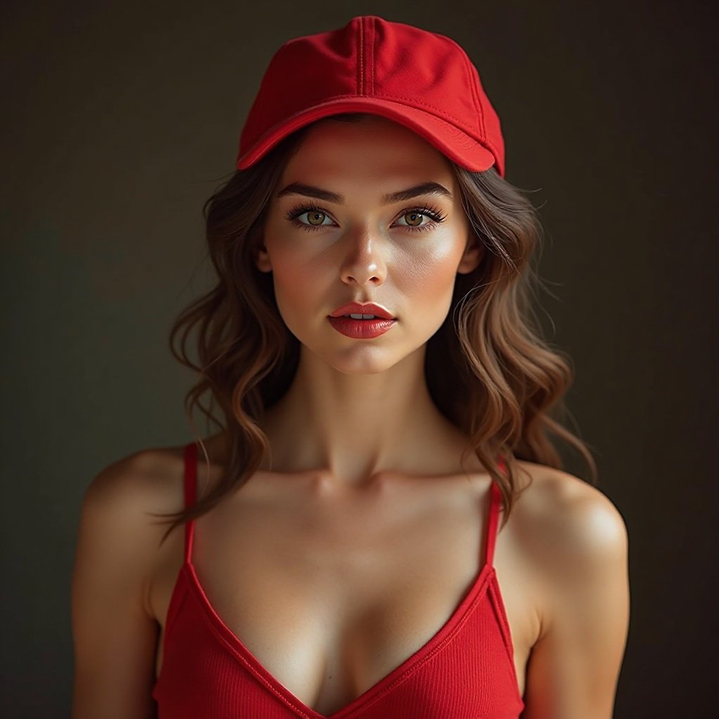 beautiful woman with a beautiful chest, wearing a red cap