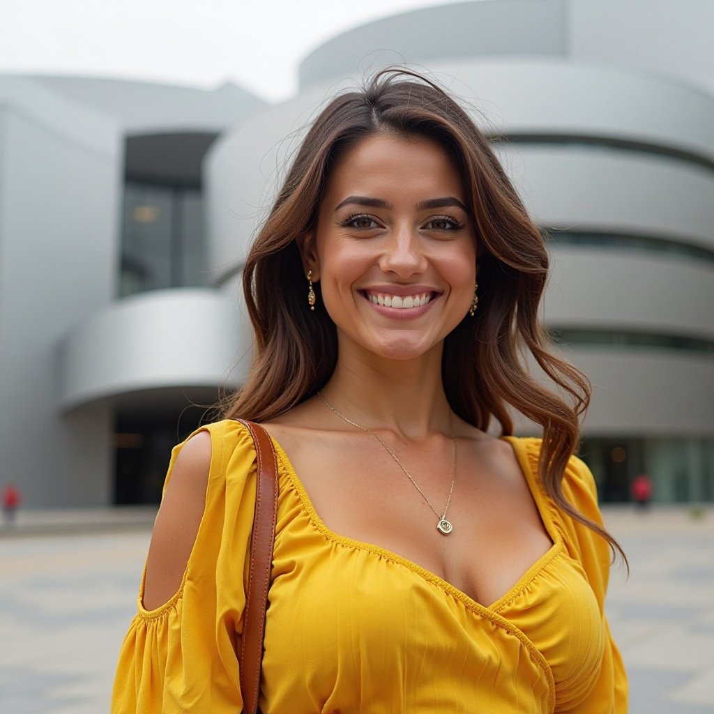 A beautiful Arab woman with a lovely, smiling bosom, wearing a yellow dress, in front of the Guggenheim Museum in Bilbao. A beautiful Arab woman with a lovely, smiling bosom, wearing a yellow dress, in front of the Guggenheim Museum in Bilbao.