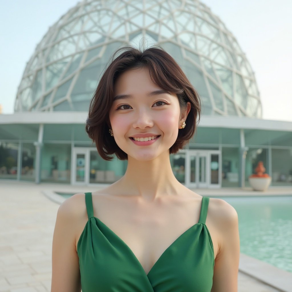A beautiful Chinese woman with short hair and green eyes, a lovely bust, smiling in a low-cut green dress in front of the Heydar Aliyev Center in Baku A beautiful Chinese woman with short hair and green eyes, a lovely bust, smiling in a low-cut green dress in front of the Heydar Aliyev Center in Baku