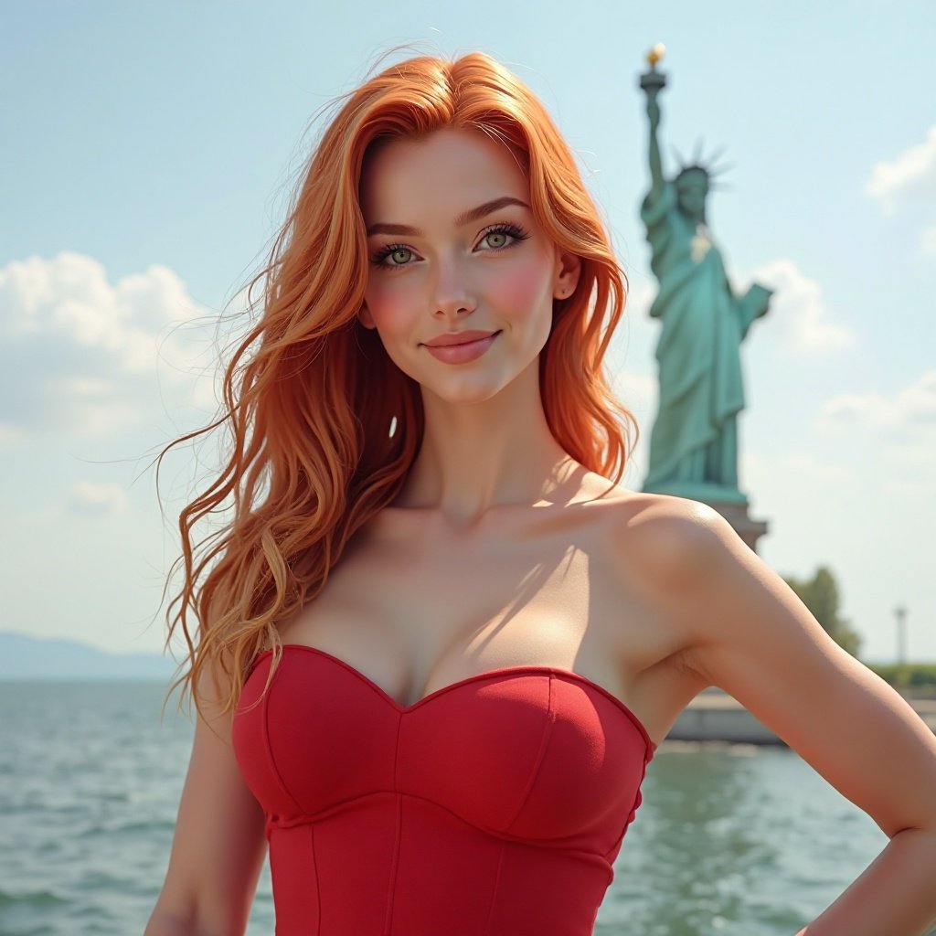 A beautiful redhead with a lovely bust, smiling in a red dress in front of the Statue of Liberty A beautiful redhead with a lovely bust, smiling in a red dress in front of the Statue of Liberty