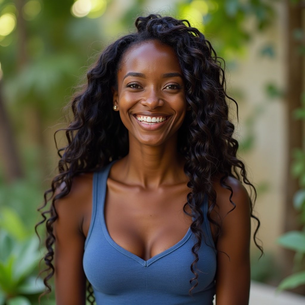 A smiling Black woman with long hair and a beautiful bust, dressed in blue, discovers the power of introspection through yoga and meditation retreats that offer personal growth and connection. A smiling Black woman with long hair and a beautiful bust, dressed in blue, discovers the power of introspection through yoga and meditation retreats that offer personal growth and connection.