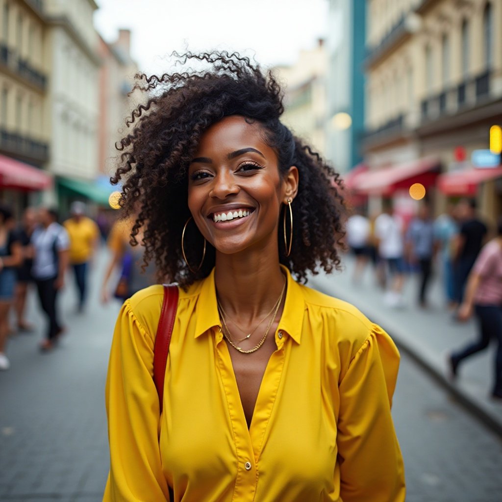 A smiling, beautiful black woman dressed in yellow, wearing A smiling, beautiful black woman dressed in yellow, wearing a yellow outfit, weaves her way through the busy streets.