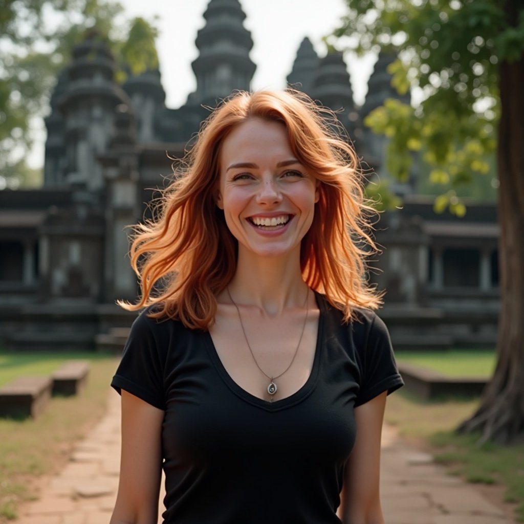 Beautiful smiling redhead with a lovely bust, wearing a black t-shirt, taking a leisurely stroll through the enchanting ruins of Angkor Wat in Cambodia. Beautiful smiling redhead with a lovely bust, wearing a black t-shirt, taking a leisurely stroll through the enchanting ruins of Angkor Wat in Cambodia.